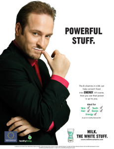 Milk ad showing Derren Brown with a milk mustache; reads: "Powerful stuff"