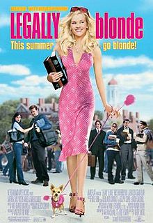 Movie poster for Legally Blonde, shows Reese Witherspoon dressed in heels with a tight dress and blonde hair blowing in the wind while she looks up to the sky, small chihuahua in a pink sweater at her heels