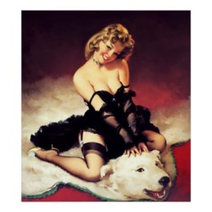 Pinup drawing of a white woman straddling a polar bearskin carpet. She is in black lingerie